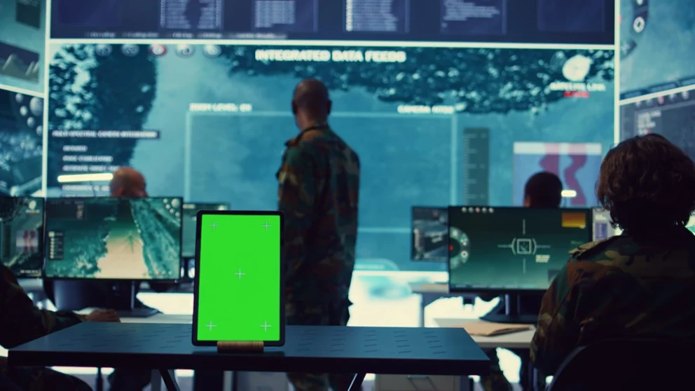 Isolated greenscreen display running on a tablet in military power base, soldiers follow surveillance footage to stay alert in case of a hostile attack