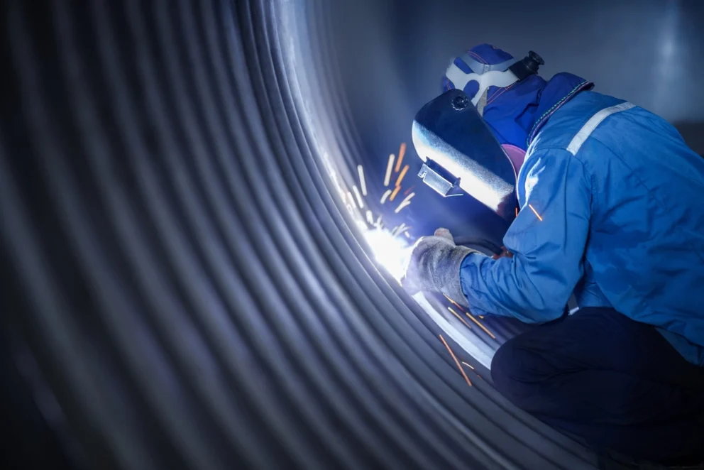 a welder in protective clothing and helmet welding a large metal pipe, with bright sparks from the welding arc