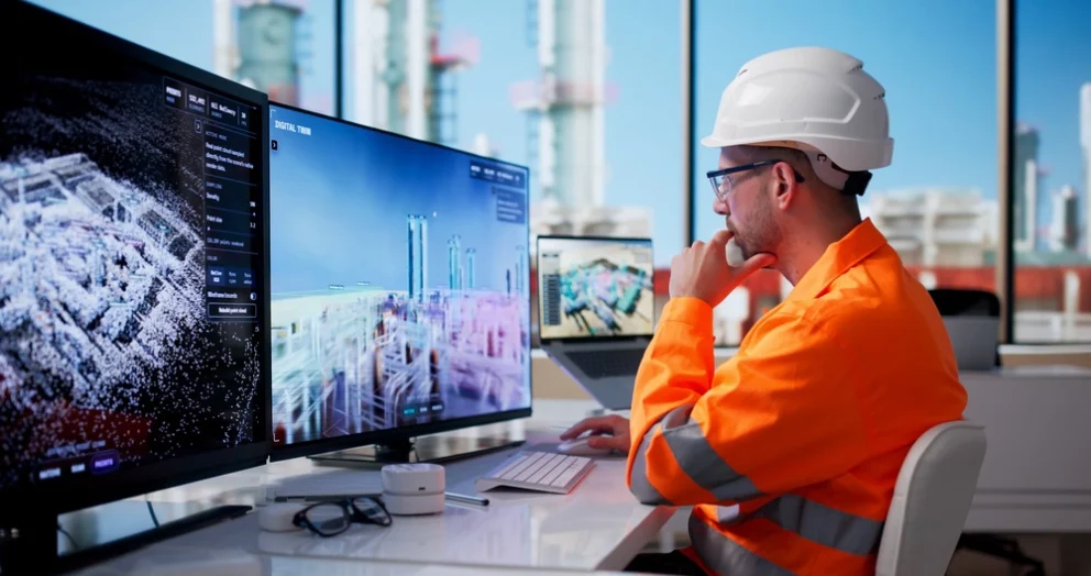 a worker in an orange high-visibility uniform and hard hat working at a computer, with industrial imagery displayed on the screens